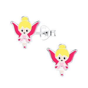 Silver Fairy Stud Earrings with Pink Wings