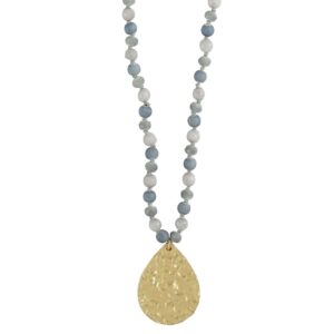 Denim Blue Beaded Necklace with Gold Pendant