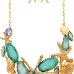 Gold Blue Coastal Collage Necklace Set