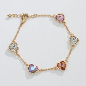 Multi Colored Crystal Hearts Gold Chain Link Bracelet