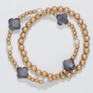 Gold Beads with Faceted Gray Clover and Pearls Bracelet Set