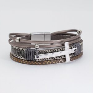 Gray Leather with Hammered Silver Cross