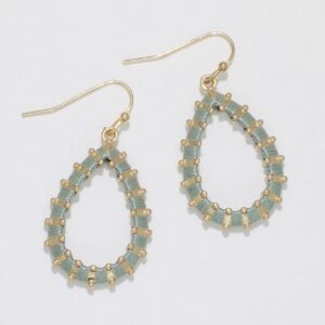 Gold Tear Drop Earrings with Wrapped Sage Thread