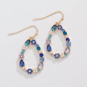 Blue Drop Earrings with Floral Crystal Inlay