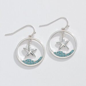 Silver Circle with Floating Starfish and Aqua Crystal Earrings