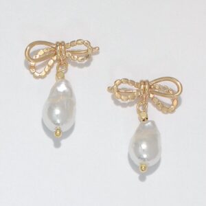 Gold Bow with Pearl Drop Earrings