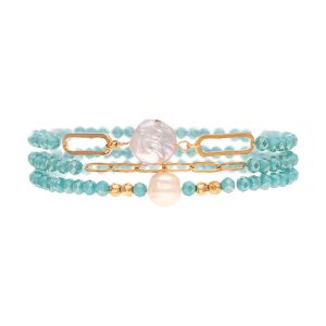 Gold Green Freshwater Pearl Glass Bead Bracelet Set