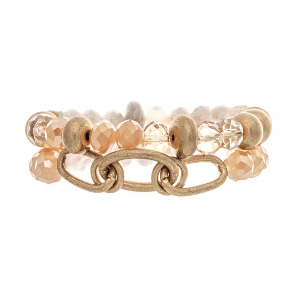 Gold Link Natural Tan Glass Bead Bracelet Set