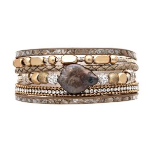 Gold Natural Fresh Water Pearl and Snakeskin Bracelet