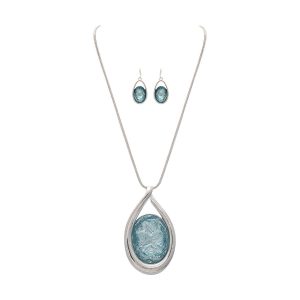 Silver Big Blue Crystal Necklace Set