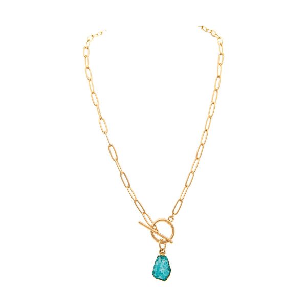 Gold Aqua Druzy Toggle Drop Necklace