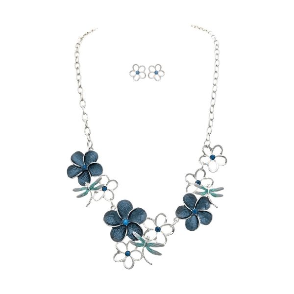 Silver and Blue Flower and Dragonfly  Necklace Set