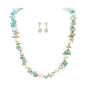 Gold White Freshwater Pearl Amazonite Beads Necklace Set