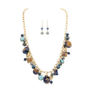 Gold Charmy Blue Colored Beads Necklace Set