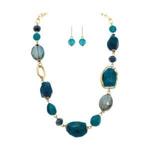 Gold Blue Glass and Gem Chunky Necklace Set