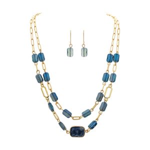 Gold Blue Facet Gem Genuine Stone Necklace Set