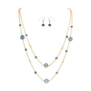 Gold Blue Glass Bead Two Layer Necklace Set