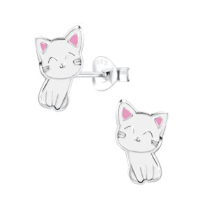 Sterling Silver and White Enamel Cat Earrings
