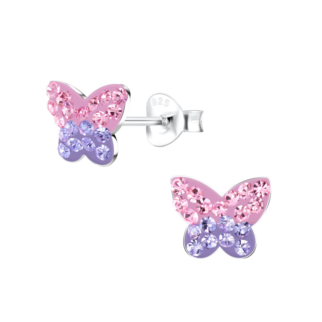 Pink Purple CZ Crystal Butterfly Earrings