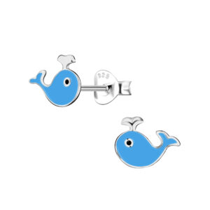 Silver and Blue Enamel Whale Stud Earrings