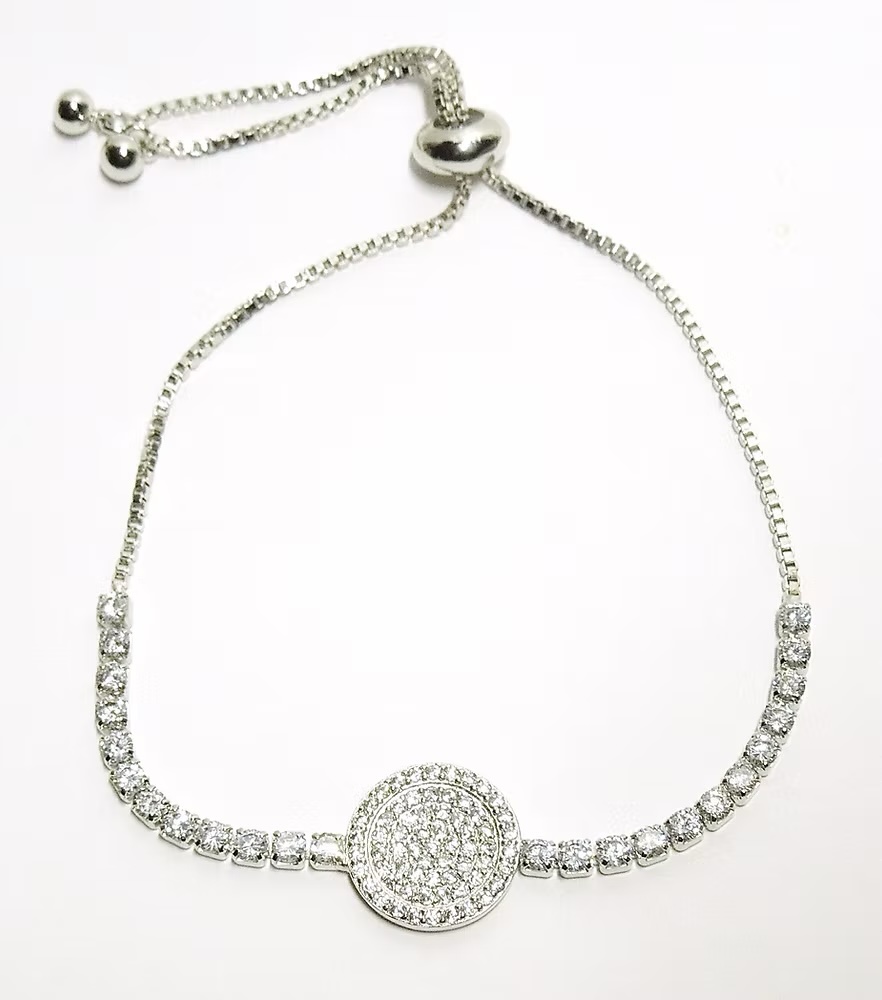 Silver Adjustable Bracelet with CZ and Pave Center