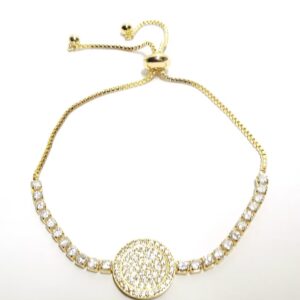 Gold Adjustable Bracelet with CZ and Pave Circle Center