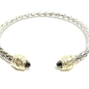 Silver Braided Cuff with Gold and Black Gemstone Accent