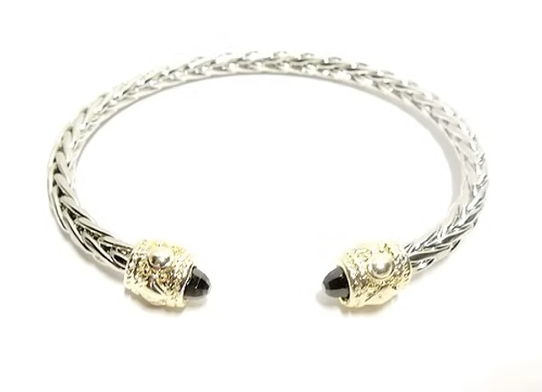 Silver Braided Cuff with Gold and Black Gemstone Accent