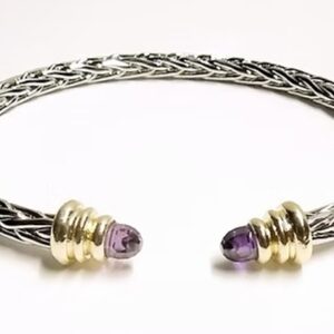 Silver Braided Cuff with Gold and Purple Gemtone Accents