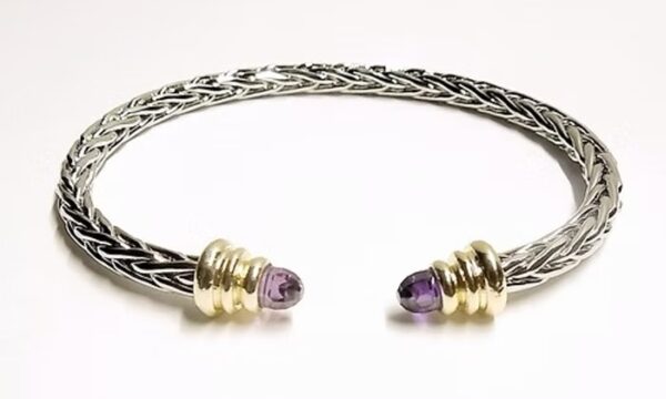 Silver Braided Cuff with Gold and Purple Gemtone Accents