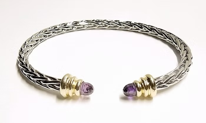 Silver Braided Cuff with Gold and Purple Gemtone Accents