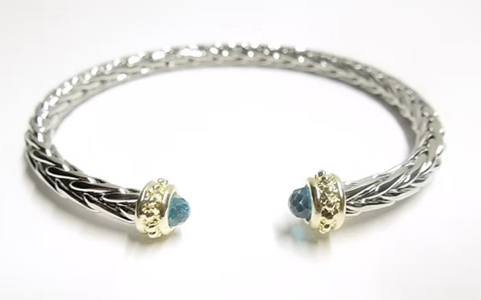 Silver Braided Cuff with Gold and Turquoise Gem Stone Accent