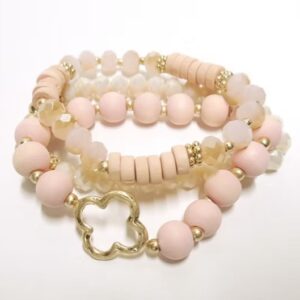 Pink Tone Beaded Bracelets with Gold Clover