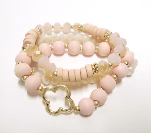 Pink Tone Beaded Bracelets with Gold Clover