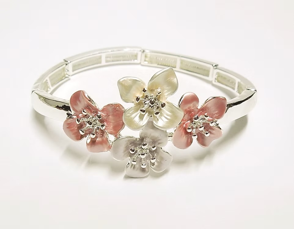 Silver and Pink Tone Flower Cluster Bracelet