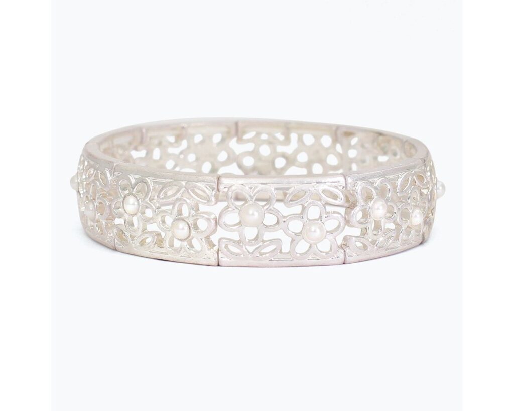 Silver Cut Out Flower Bracelet with Pearls