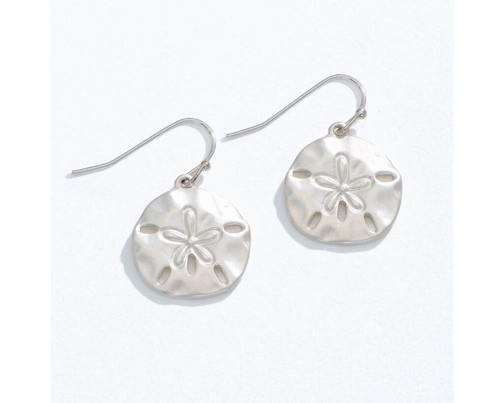 Matte Silver Tone Sand Dollar Drop Earrings