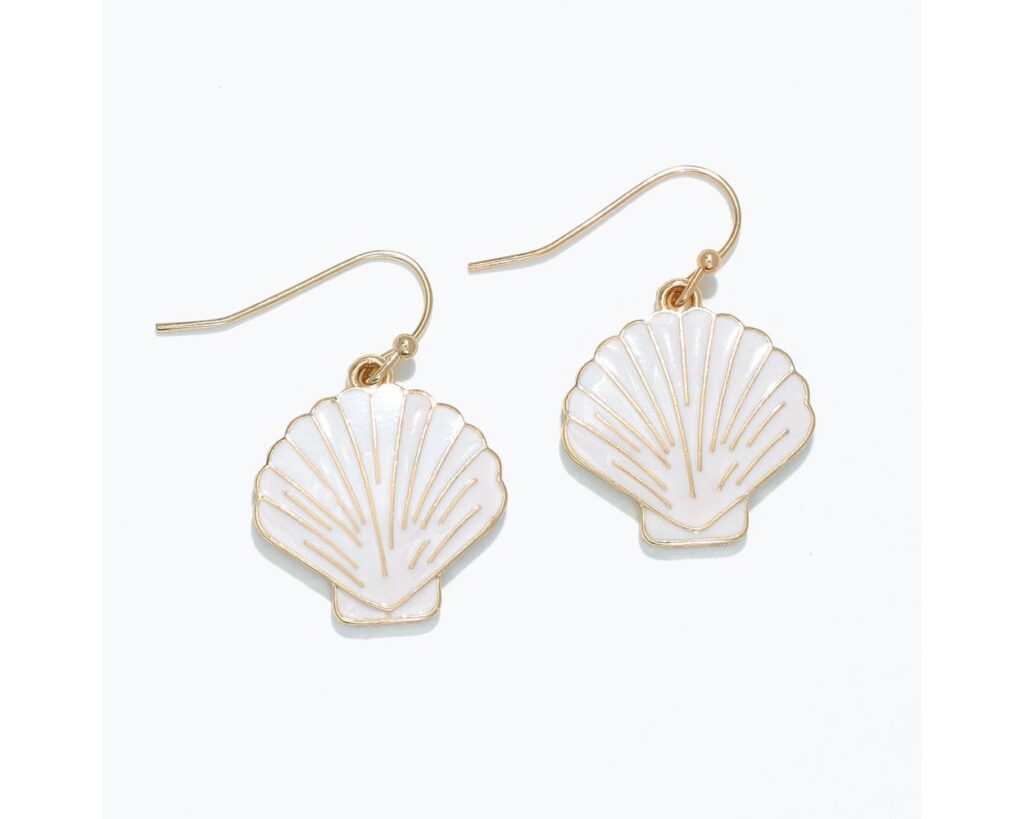 Gold Shell with White Enamel Earrings