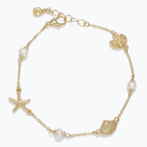 Linked Gold Starfish, Shell and Nautilus with Pearl Bracelet