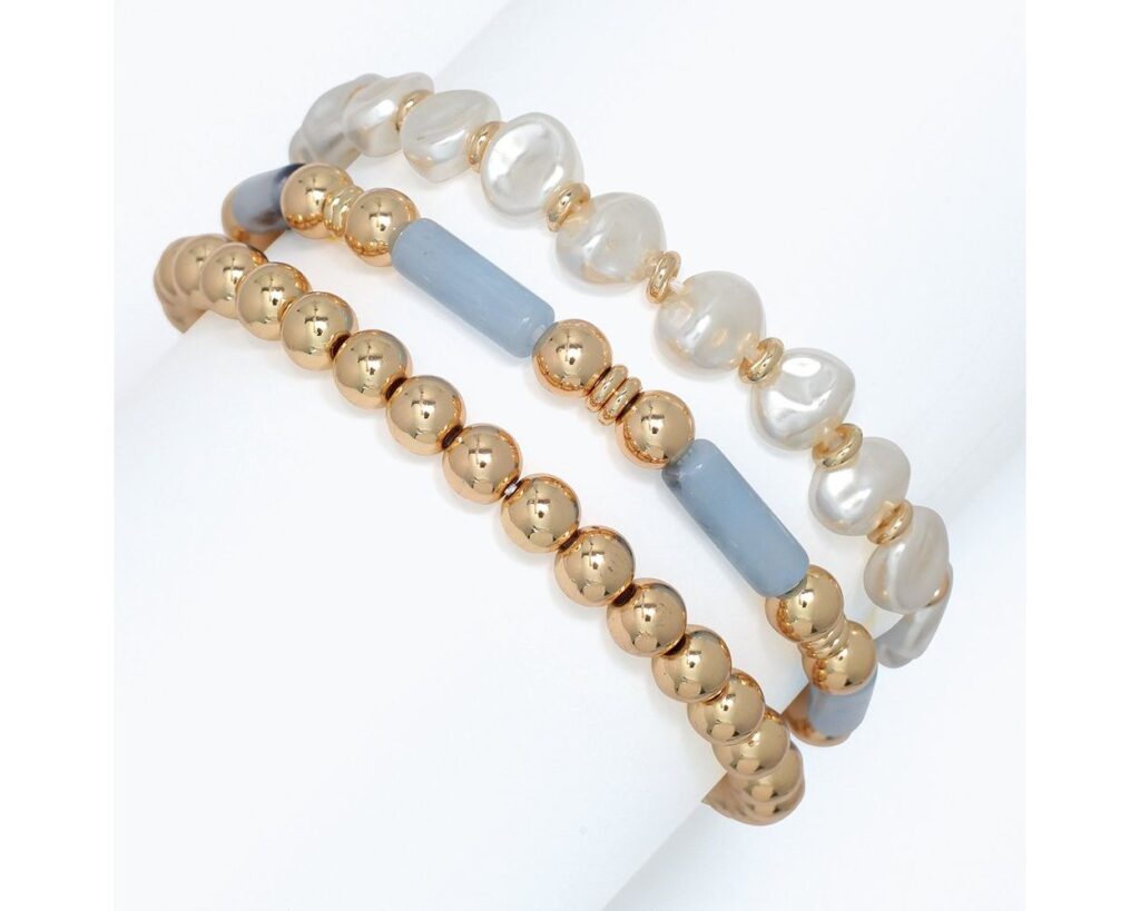 Strands of Periwinkle Blue, Gold and Pearls Bracelets