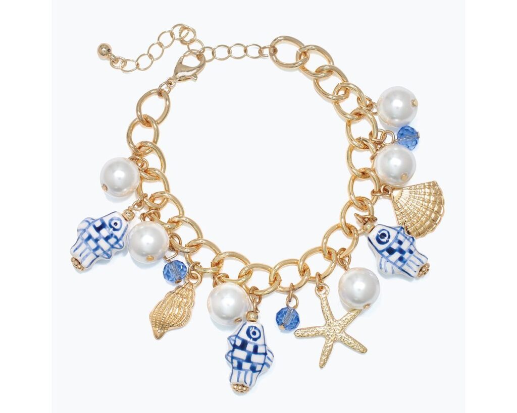 Ceramic Fish, Pearls and Gold Sea Life Charm Bracelet