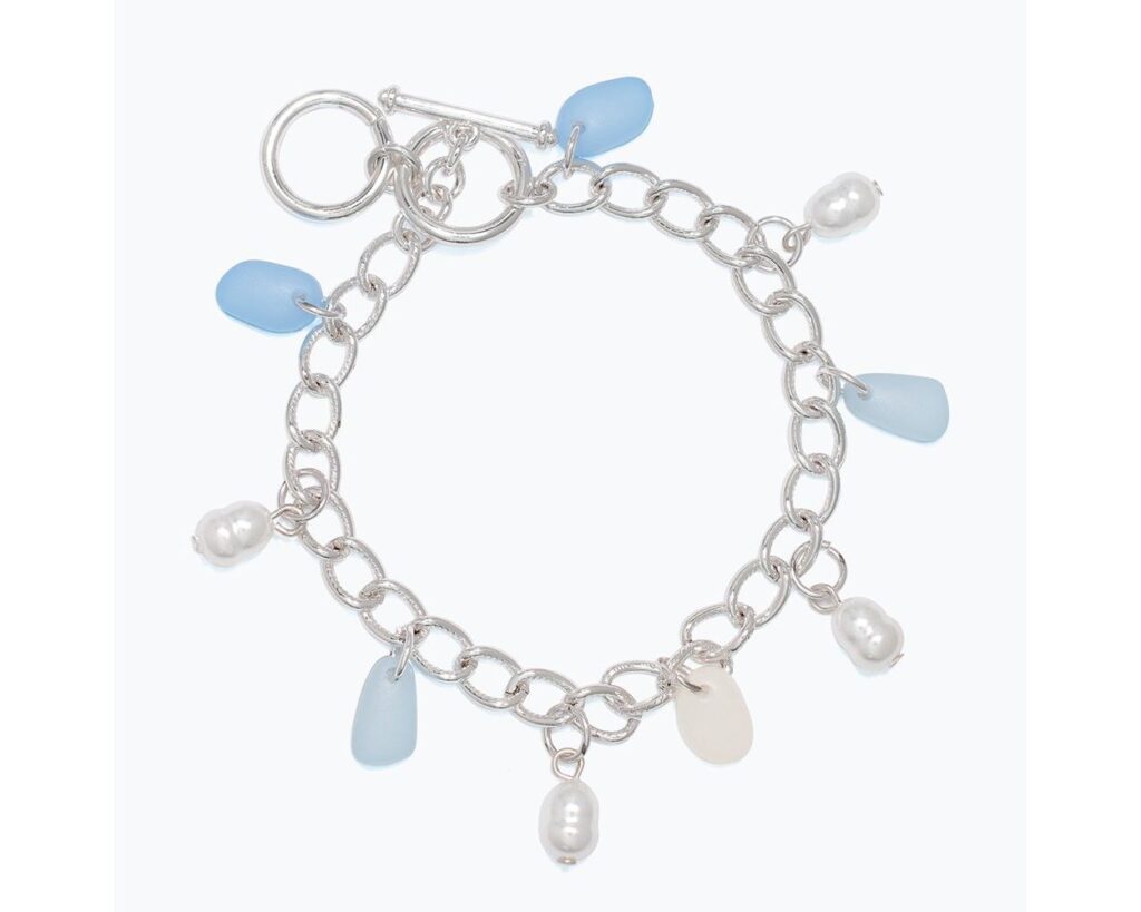 Blue Sea Glass and Pearl Charm Bracelet