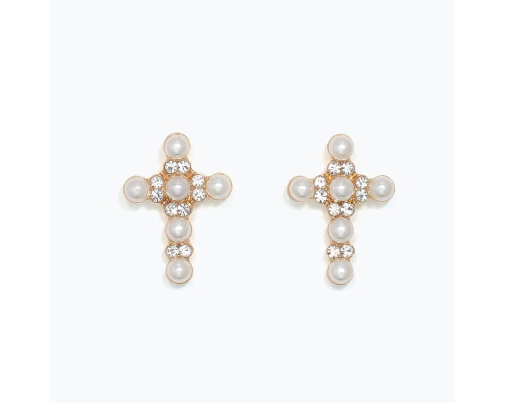 Gold Pearl and Crystal Cross Stud Earrings