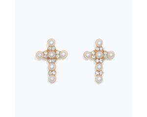 Gold Pearl and Crystal Cross Stud Earrings