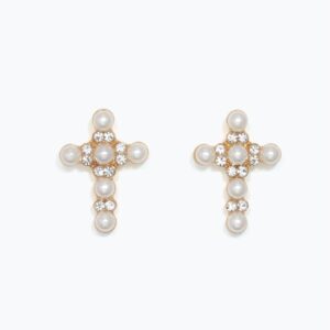 Gold Pearl and Crystal Cross Stud Earrings
