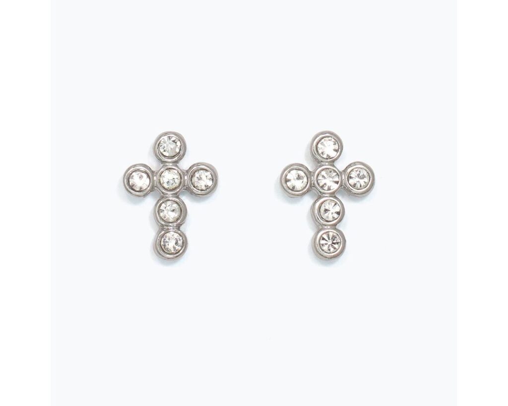 Circle Silver Crystal Cross Studs