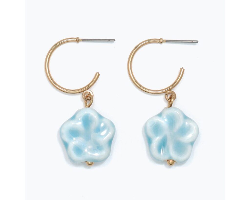 Gold Hoops with Ceramic Aqua Flowers