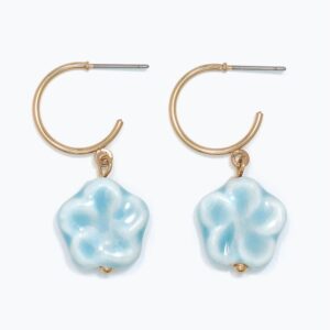 Gold Hoops with Ceramic Aqua Flowers