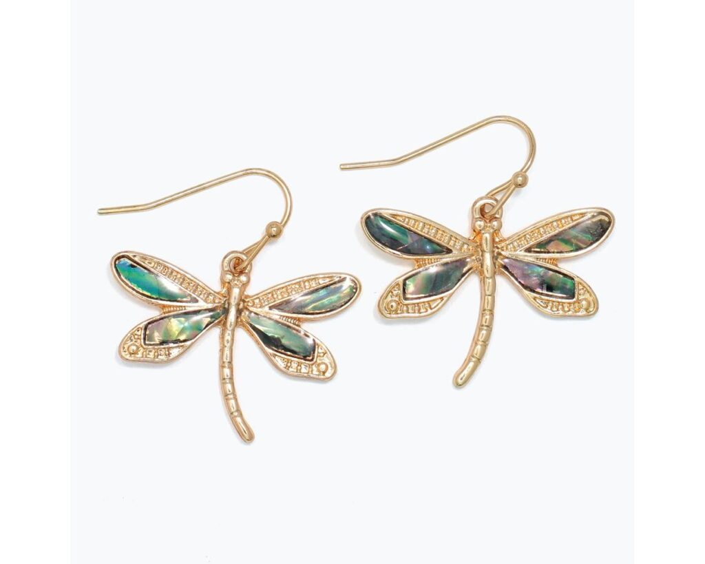Gold Dragonfly Earrings with Abalone