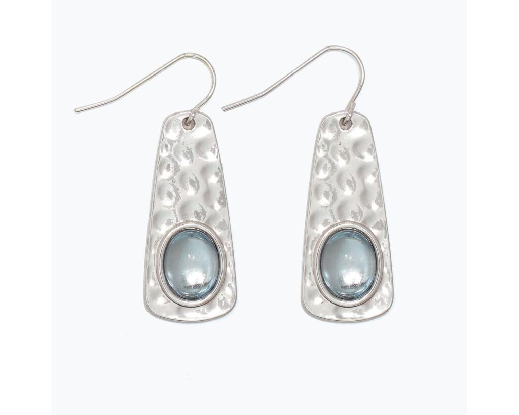 Silver Hammered Drop Earrings with Blue Inlay